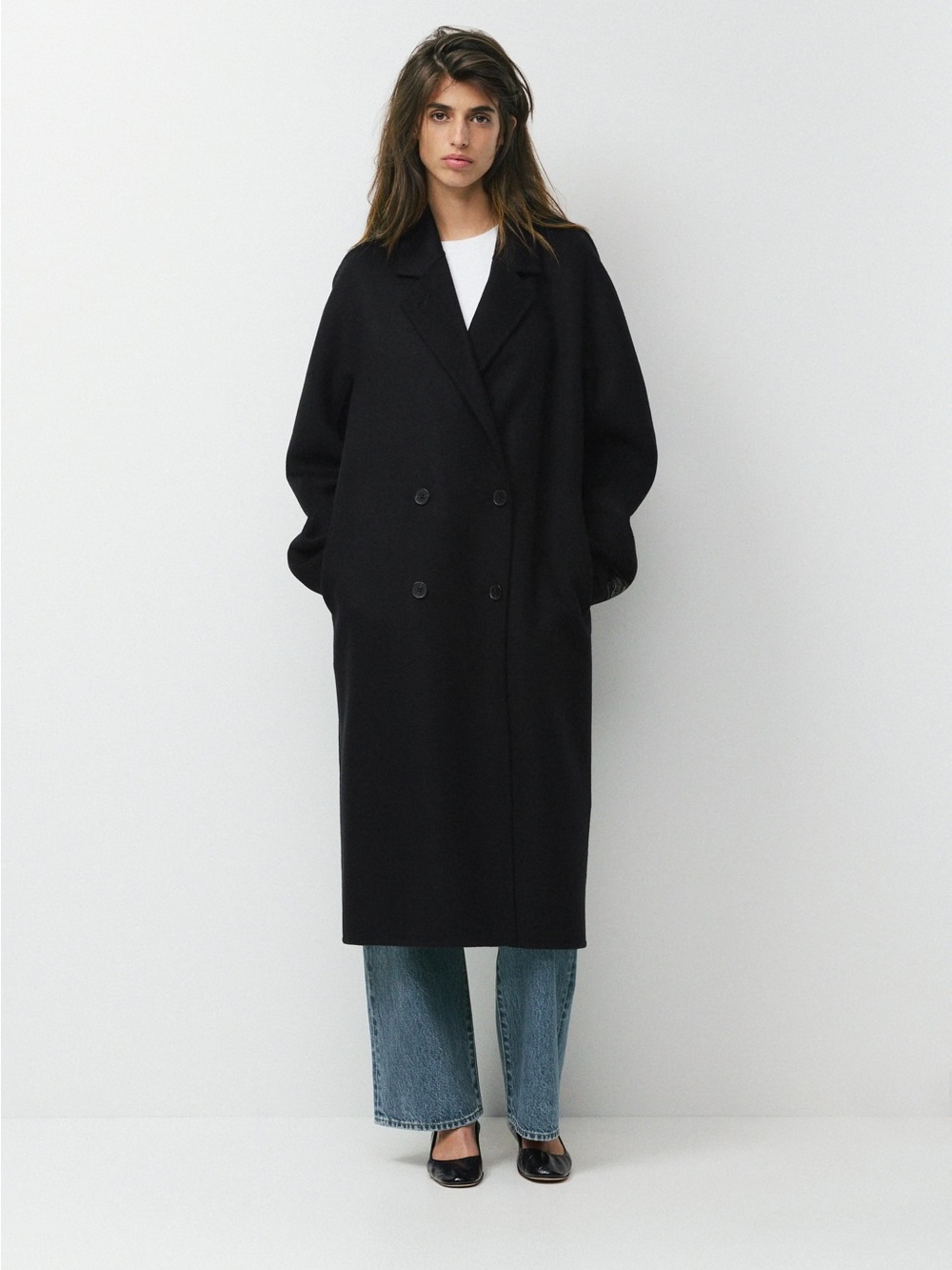 Babaton Black slouchy Double-Breasted Long Pea Coat